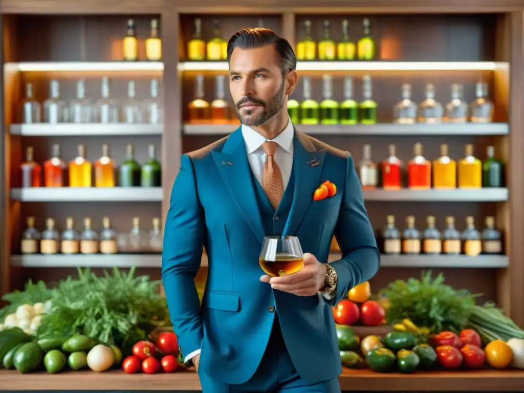 Gentleman elegante con alcohol destilado y vegetales frescos Un caballero sofisticado en traje sostiene una copa de destilado moderno entre vegetales frescos