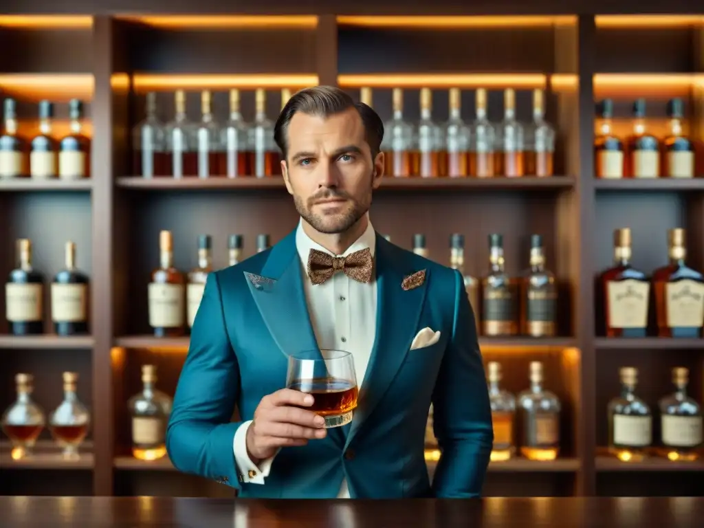 Señor elegante disfrutando un whisky ámbar en ambiente vintage Un caballero sofisticado en un traje a medida y corbata de moño, disfrutando de una copa de whisky ámbar en una elegante sala de catas
