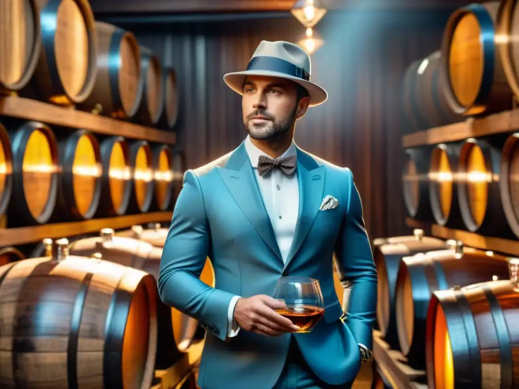 Destilador de whisky en bodega: elegancia y tradición Un caballero sofisticado examina whisky en destilería, evocando elegancia y artesanía