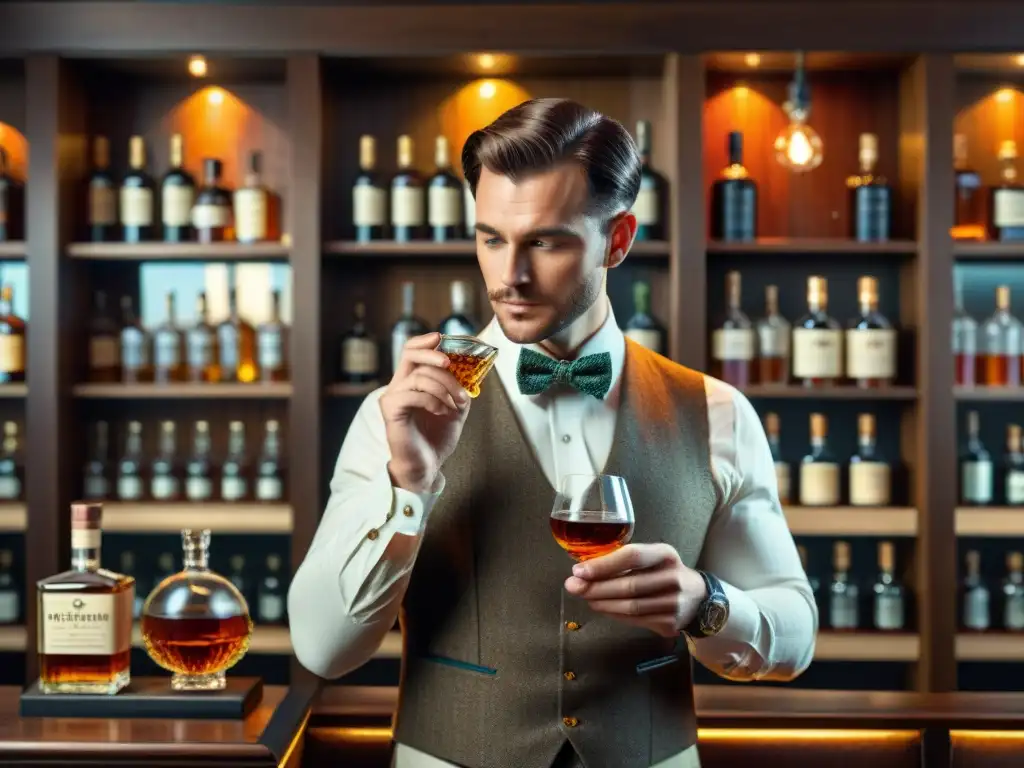 Un caballero sofisticado examina un whisky en un elegante bar, reflejando dedicación al arte de la apreciación del whisky