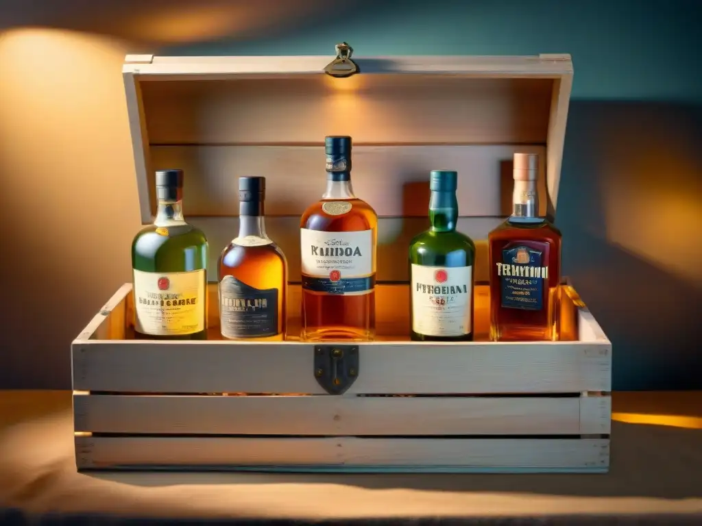 Caja de madera vintage con botellas de destilados premium envejecidos Una caja de madera antigua llena de botellas de destilados, mostrando técnicas tradicionales de preservación