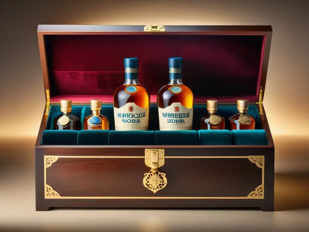 Caja de madera vintage con licores premium Una caja de madera lujosa con detalles dorados y botellas de licor premium en compartimentos de terciopelo