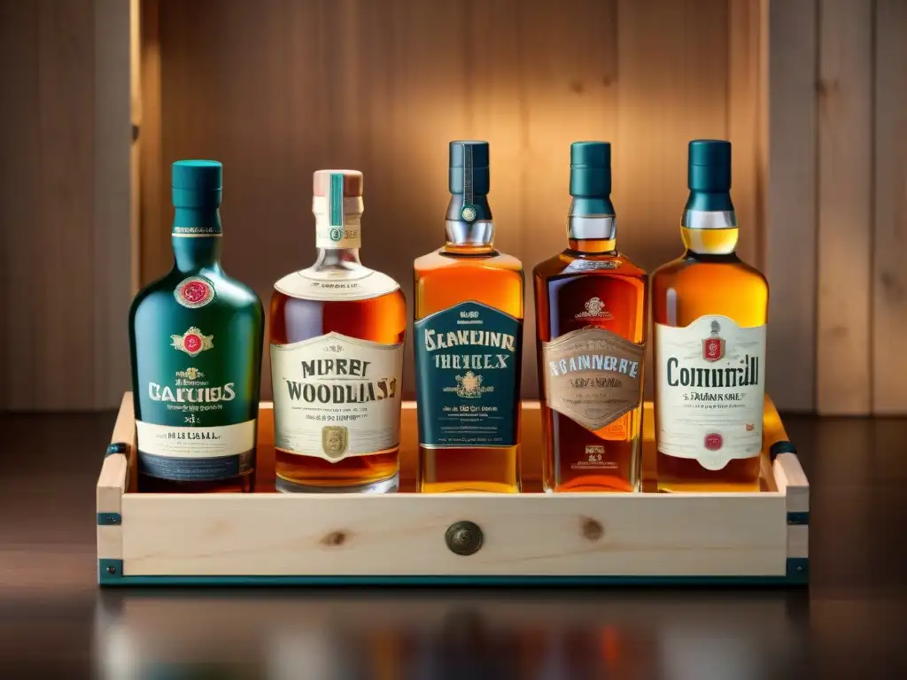 Vintage caja madera llena botellas premium - Detalles 8k Una caja de madera vintage llena de botellas de licor premium, con detallados diseños y etiquetas elegantes