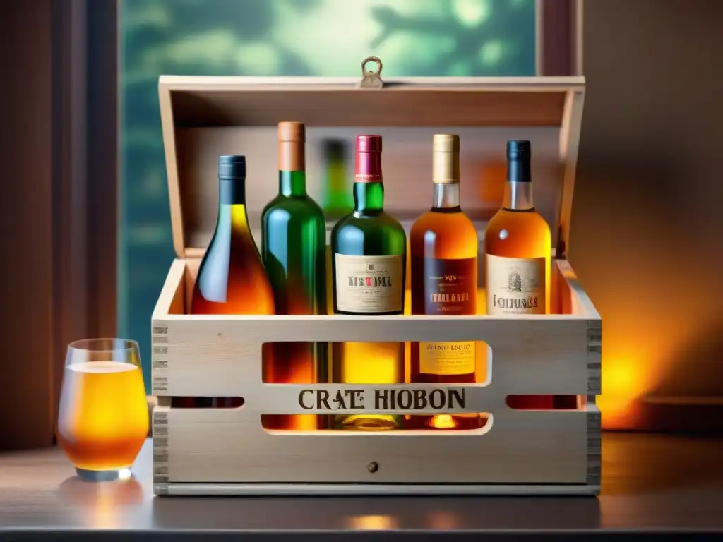 Antigua caja de madera repleta de botellas de licor únicas Una caja de madera vintage rebosante de botellas de licor únicas, con etiquetas detalladas y rodeada de papel envejecido