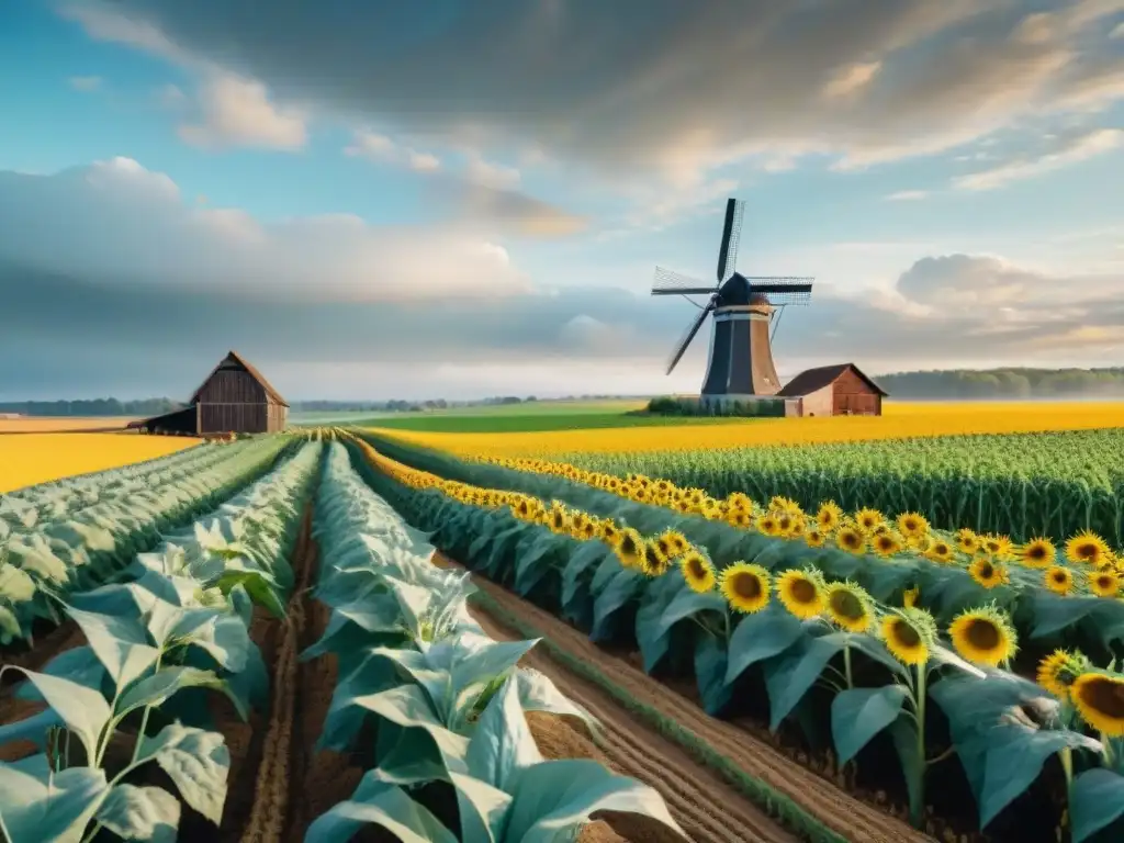 Escena agrícola vintage en granja sostenible Un campo sostenible con cultivos diversos crece en armonía, mostrando un equilibrio sostenible en la producción de destilados