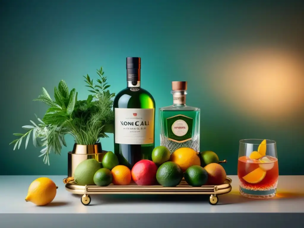 Bar cart vintage con destilados sin alcohol Un carrito vintage elegante con destilados sin alcohol, cristalería y frutas frescas