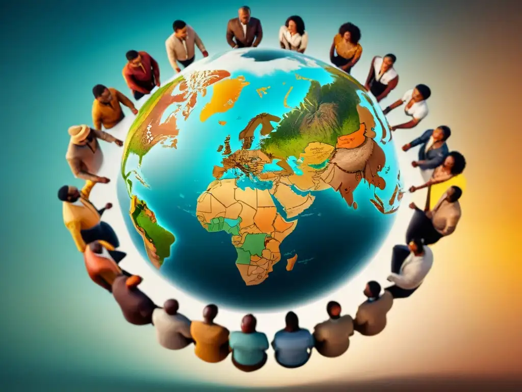 Poster vintage de unidad global: diversidad cultural en 8k Un cartel vintage detallado en 8k con diversidad cultural y unidad global, en tonos cálidos