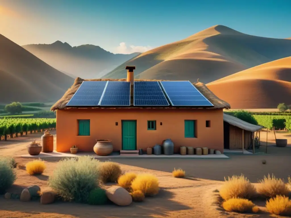 Adobe rural con sistema solar: tradición y sostenibilidad Una casa de adobe tradicional con sistema de destilación solar en un entorno rural