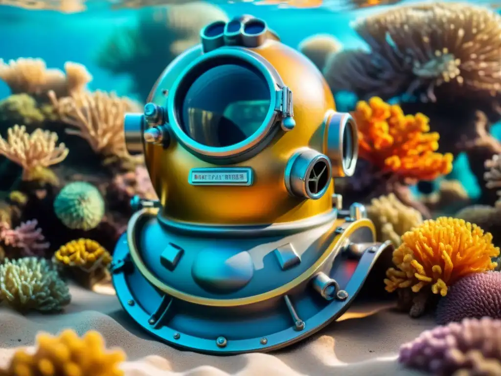 Misterioso casco de buceo vintage rodeado de vida marina en el fondo marino Un casco de buceo antiguo reposa en el fondo marino rodeado de vida marina colorida, resaltando el envejecimiento en ambientes marinos bioquímica