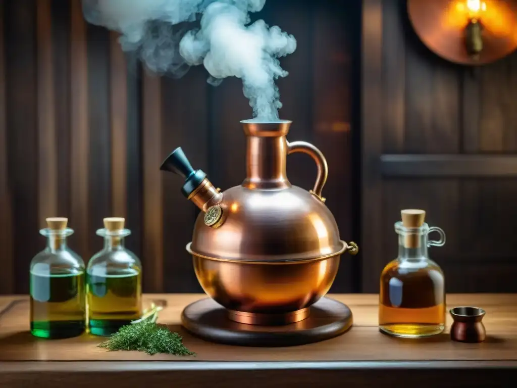 Alambique de cobre vintage: arte y tradición destilados Destilación casera de bebidas alcohólicas: un alambique de cobre vintage detallado bajo luz suave, rodeado de hierbas y botellas en mesa rústica