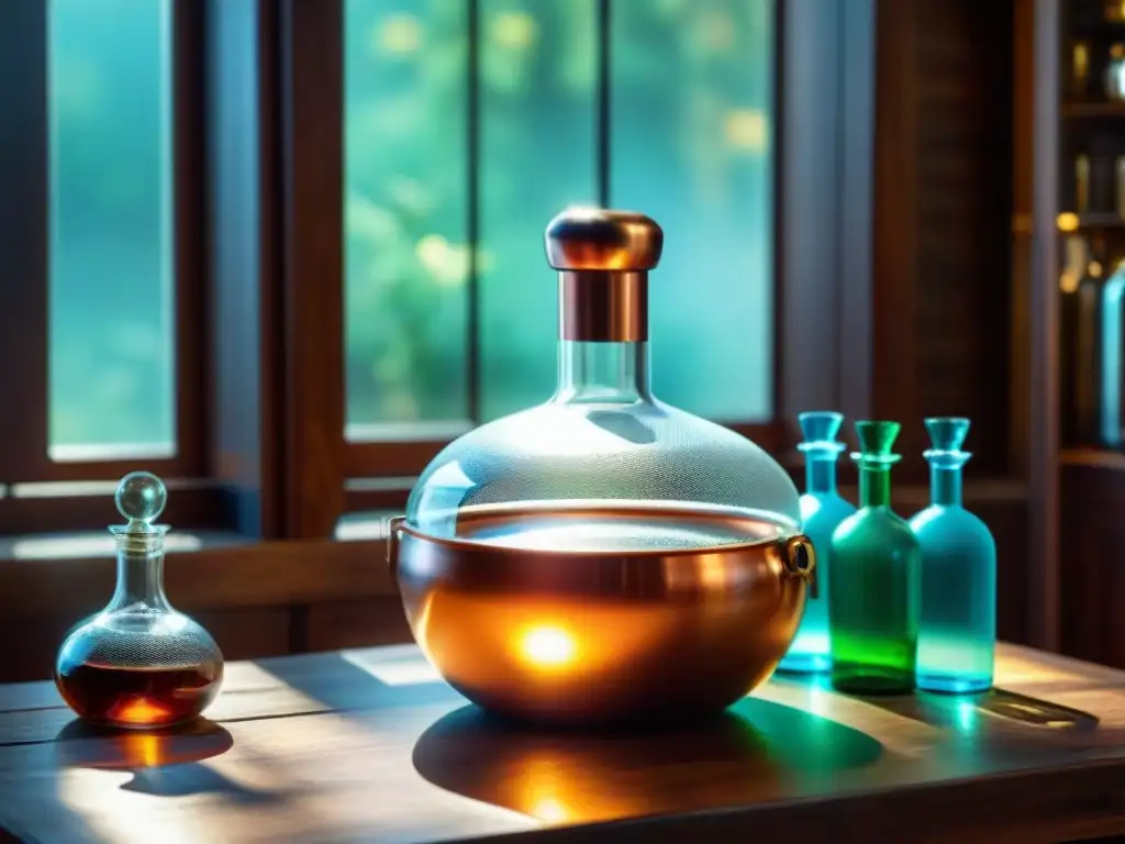 Alambique de cobre vintage: destilación artesanal en casa Destilación casera con equipos portátiles: Un alambique de cobre vintage rodeado de botellas de líquidos de colores en una mesa de madera