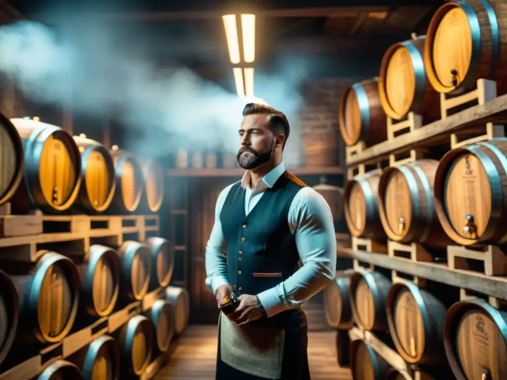 Cellar de destilería: historia en barricas de madera Cata de destilados: historia y técnicas en bodega atmosférica con barricas de madera y alambiques de cobre vintage