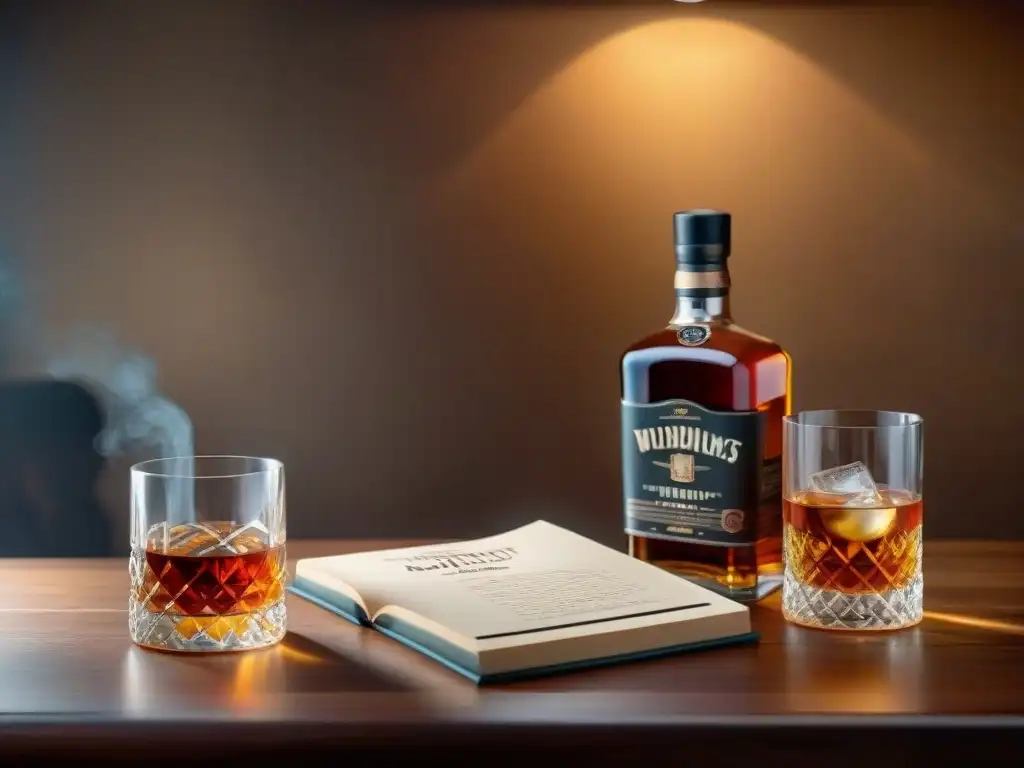 Exquisita cata de licores en mesa vintage: whisky, ron y ginebra Cata profesional de destilación de bebidas alcohólicas en mesa de madera vintage