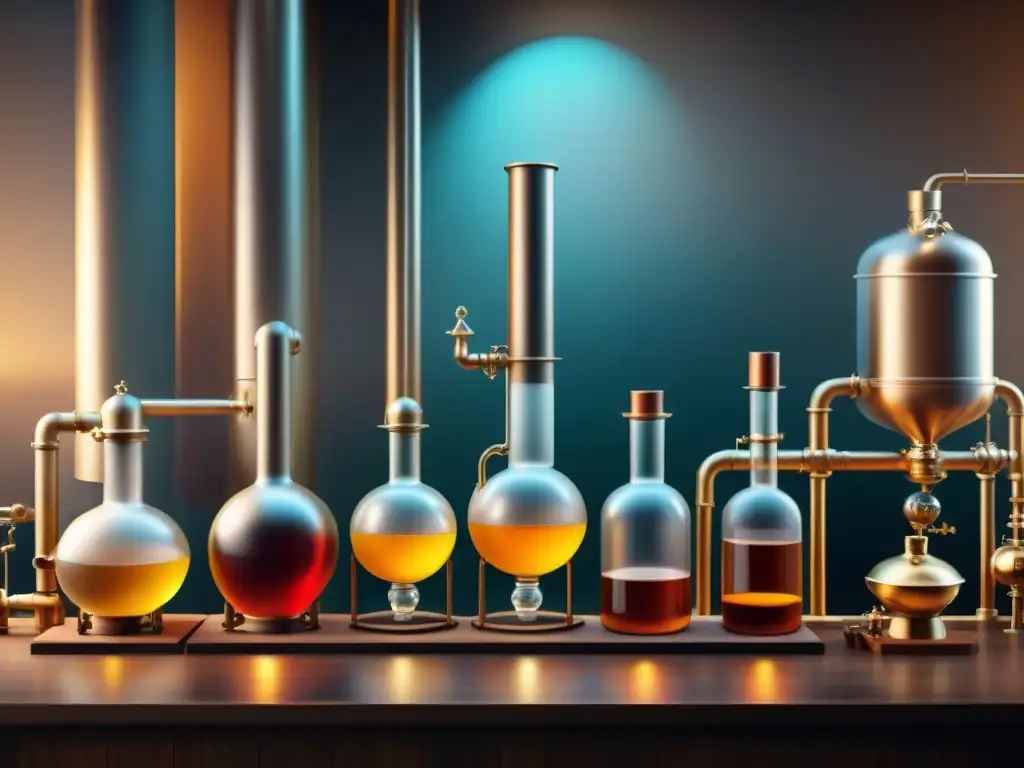 Evolución de alambiques: de la tradición a la innovación Una evolución cautivadora de la destilación de bebidas alcohólicas modernas, mostrando la historia y la innovación en tonos cálidos