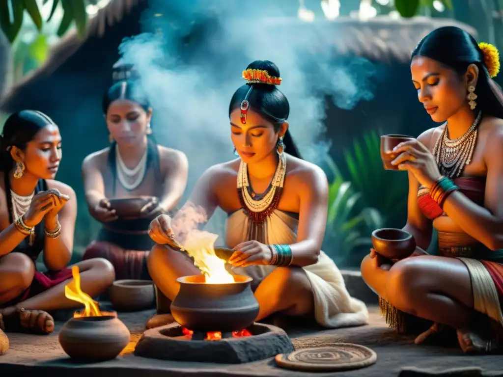 Ceremonia maya ancestral: destilación de bebida sagrada Ceremonia maya de destilación de bebida ancestral con mujeres mayas en atuendos tradicionales, fogones y vapor aromático