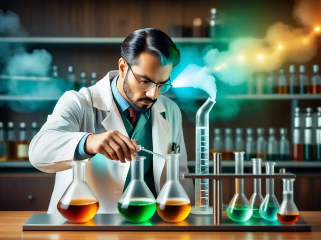 Ilustración vintage detallada: científico fusiona genética y destilación Un científico vierte líquido entre matraces en un laboratorio vintage de genética molecular en destilación