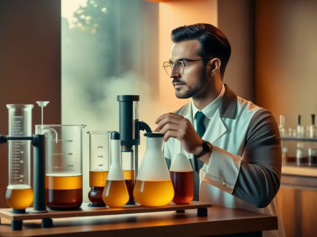 Experimento científico vintage con pH meter en sepia Un científico ajustando el pH en fermentación, en un laboratorio vintage iluminado en tonos sepia nostálgicos