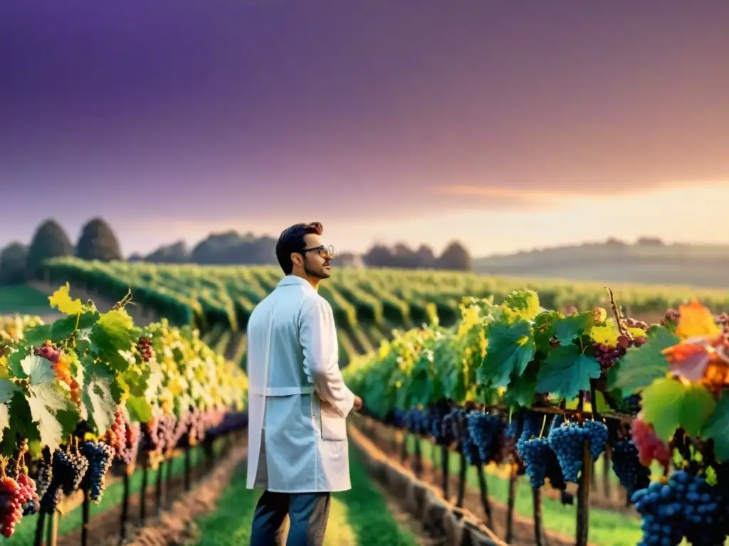 Vid de la Vendimia: Fusión Genética y Tradición Vinícola Un científico examina uvas en un viñedo al atardecer, fusionando tradición vinícola con genética en la destilación de vino