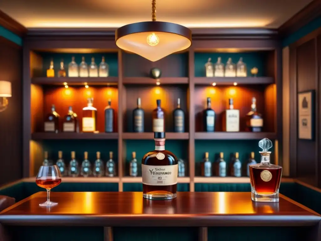 Club de licores exóticos: exclusividad y refinamiento Un club destilado exótico exclusivo con ambiente lujoso, botellas raras, copas de cristal y mobiliario de cuero