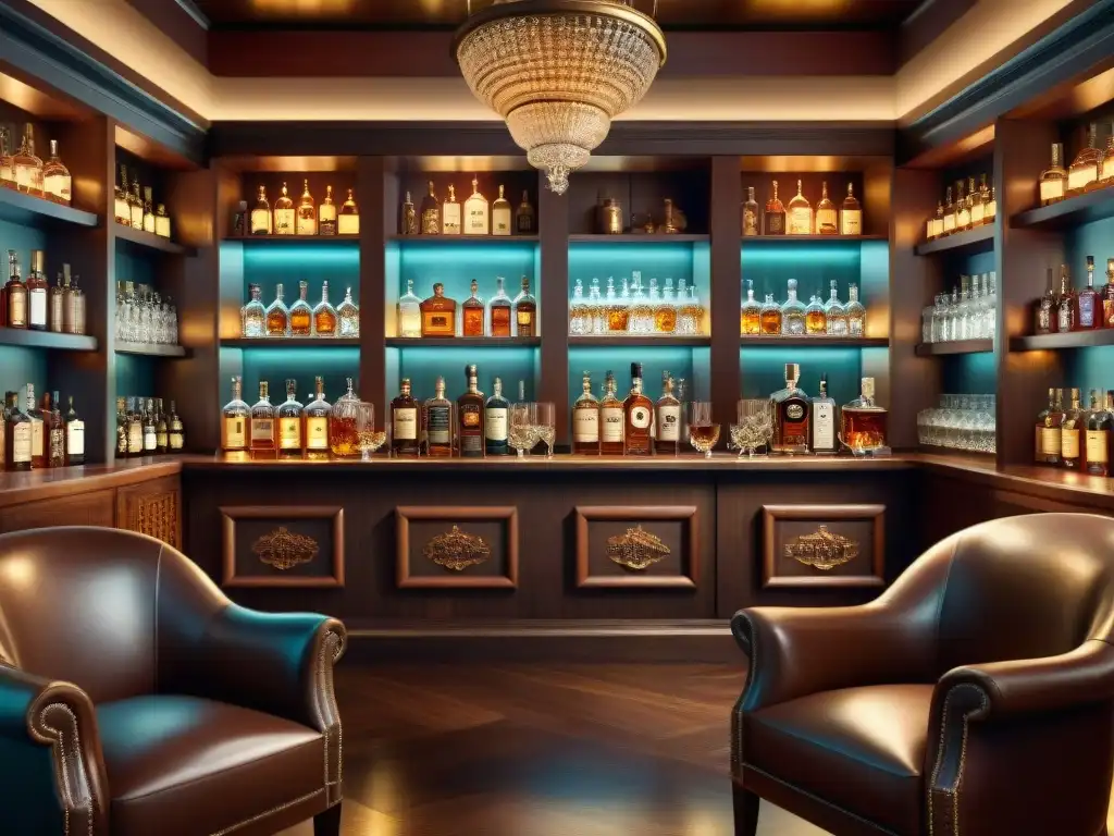 Club de whisky exclusivo: lujo y elegancia en un ambiente sofisticado Club de destilados exóticos: ambiente lujoso con muebles de cuero y estantes llenos de licores exclusivos