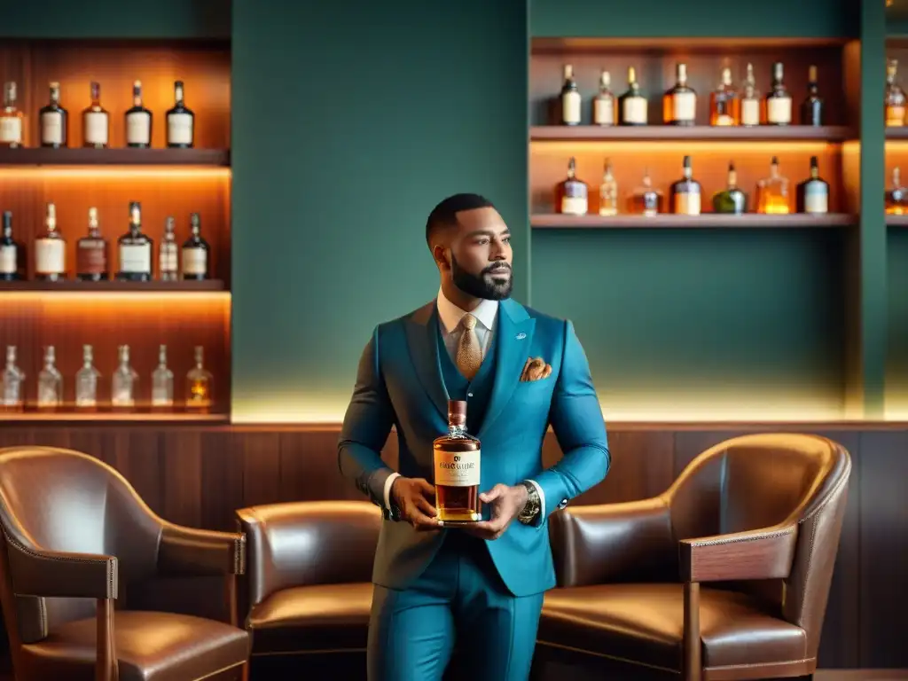 Club exclusivo de whisky: lujo y elegancia en un ambiente vintage Un club exclusivo de whiskies con estanterías de caoba repletas de botellas exóticas