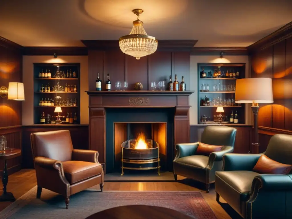 Club de whisky elegante y acogedor con ambiente vintage Club exclusivo de whisky con destilación arte: club sofisticado con ambiente cálido, barra de caoba, butacas de cuero y chimenea encendida