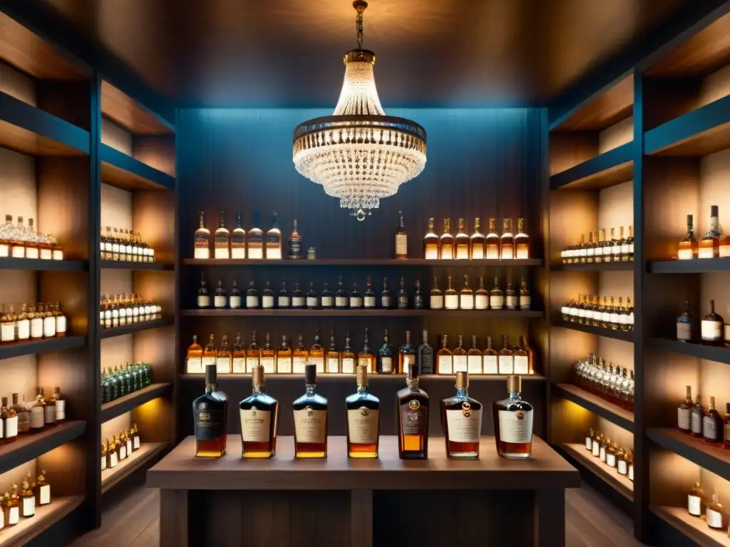 Bodega de whisky vintage: lujo y misterio en cada botella Un club de whisky con una colección de alto valor en un sótano opulento y tenue