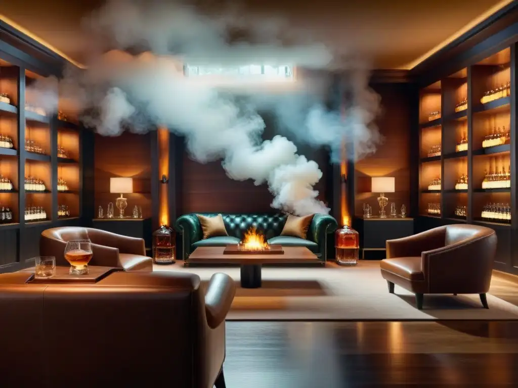 Club de whisky exclusivo: elegancia y lujo en 8k Un club de whisky para paladar refinado: ambiente sofisticado con decoración vintage, botellas premium y sillas de cuero