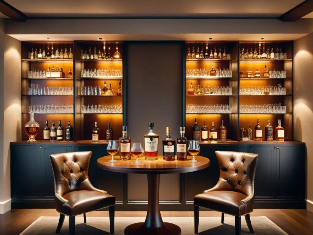 Sala de cata de whisky: elegancia y calidez en un ambiente vintage Club de whisky para paladar: Sala de cata con muebles de caoba, butacas de cuero y botellas de whisky en estantes