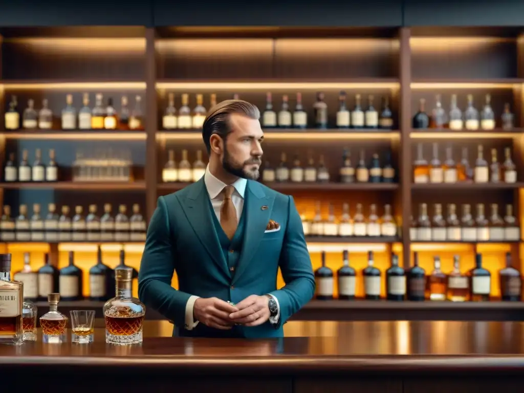 Club de whisky vintage: ambiente sofisticado y detallado Club de whisky para paladar: Sofisticado bar vintage con estantes repletos de botellas de whisky, sillones de cuero y persona pensativa