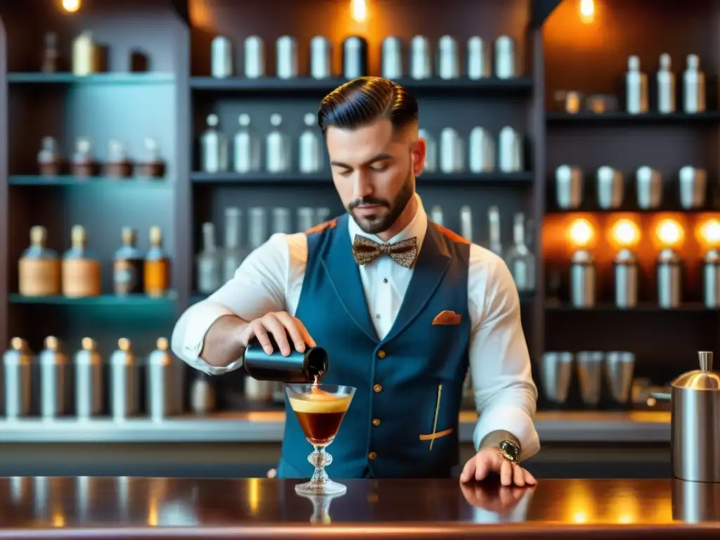 Cóctel de café vintage: arte y elegancia en la barra Un coctelero prepara con maestría un café cocktail en un elegante bar