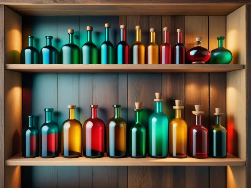 Colección vintage de botellas de vidrio: lujo y misterio en 8k Presentación de una colección de botellas de destilación vintage, con líquidos de colores y estantes de madera antigua