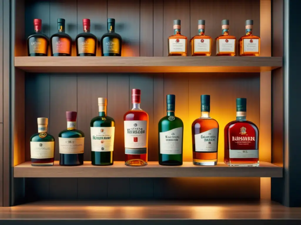 Detalles vintage: botellas icónicas de licor con historias en cada diseño Una colección de botellas icónicas de licores con diseños vintage detallados en estantería rústica, evocando narrativas y sofisticación