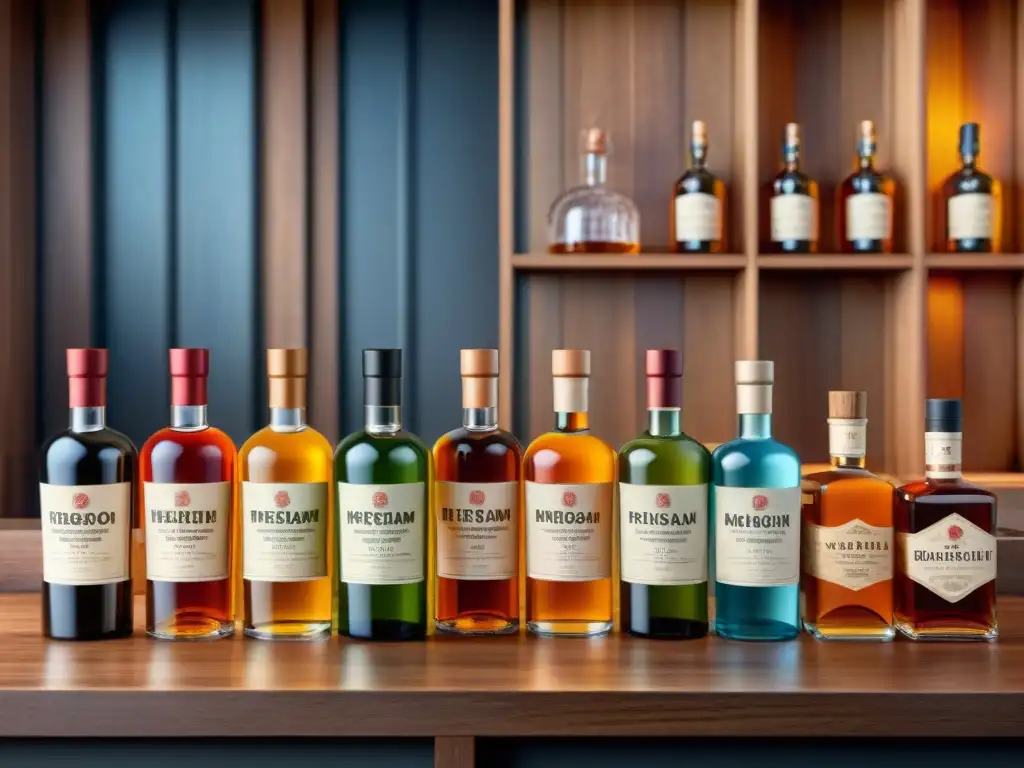 Destilados premium: una oda a la sofisticación y artesanía Una colección de botellas de licores premium con perfiles de sabor únicos, en un elegante mostrador de madera