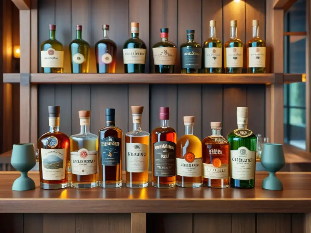 Seductores licores: exótica colección de botellas vintage Una colección única de botellas de licores no convencionales en un bar rústico