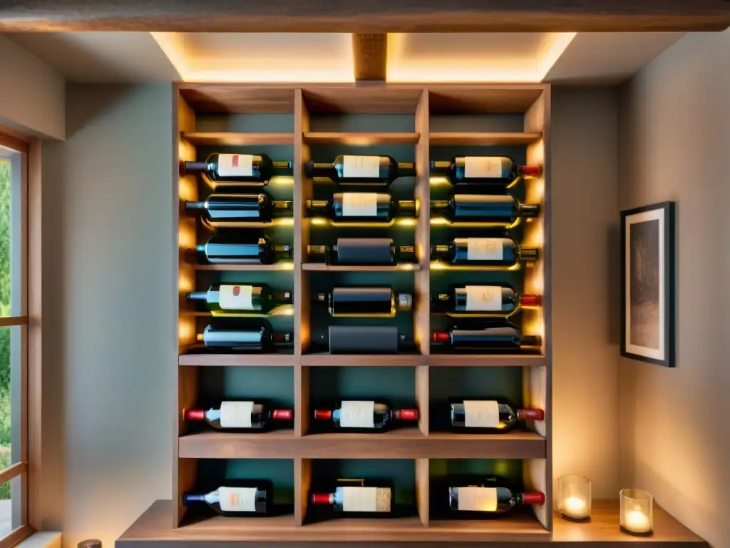 Exquisita colección de vinos en bodega rústica Colección de vinos exquisita en bodega iluminada, con botellas de todo el mundo