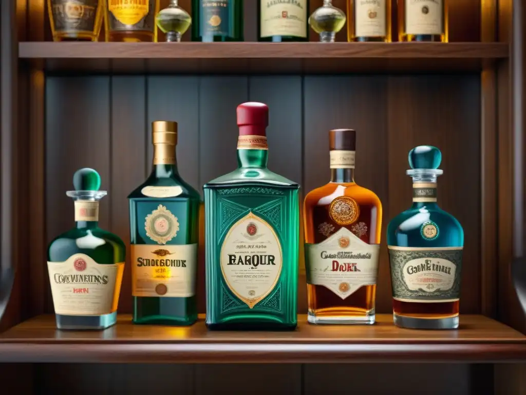 Exquisita colección de botellas de licor vintage en detallada imagen 8k Una colección vintage de botellas de licor detalladas como arte destilación bebidas alcohólicas modernas, exhibidas en un estante de madera antiguo