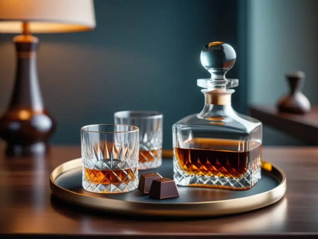 Exclusivo set de cata de whisky vintage en cristal - Detalle en 8k Conjunto de cata de whisky vintage en cristal, chocolates y agua en mesa de caoba con iluminación suave