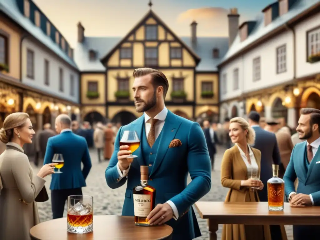 Consumidores europeos disfrutando licores de calidad en mercado histórico Diversos consumidores europeos disfrutan destilados de alta calidad en un mercado histórico, resaltando la influencia cultural y el impacto del Brexit en las regulaciones europeas sobre destilados