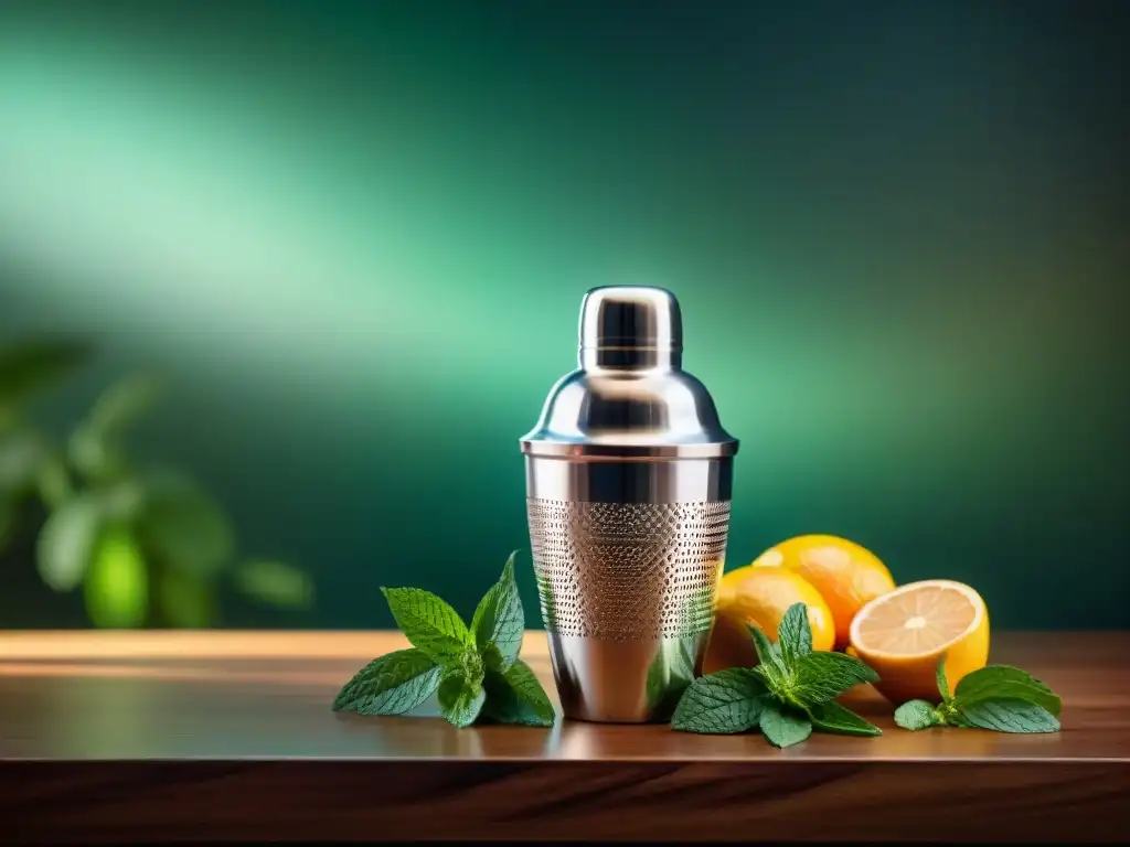 Cóctel de sofisticación: Coctelera vintage con detalles botánicos Consumo moderado destilados estrés aliado: Un elegante agitador vintage rodeado de ingredientes frescos, evocando sofisticación y artesanía atemporal