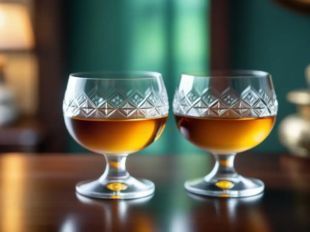 Elegantes copas de cristal con whiskey en mesa de caoba Dos copas vintage de cristal llenas de whisky ámbar en una mesa de caoba