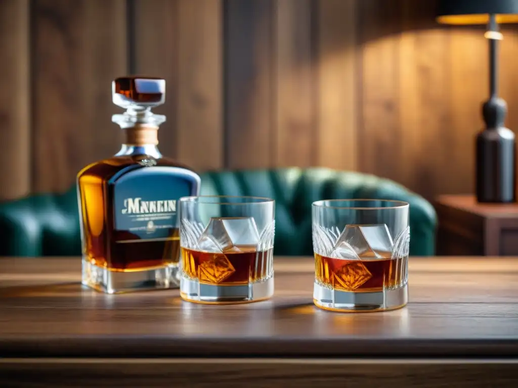 Comparación de whiskies: rico ámbar orgánico vs Dos copas de whisky, una con destilado orgánico ámbar y otra convencional, mostrando las diferencias en color y textura
