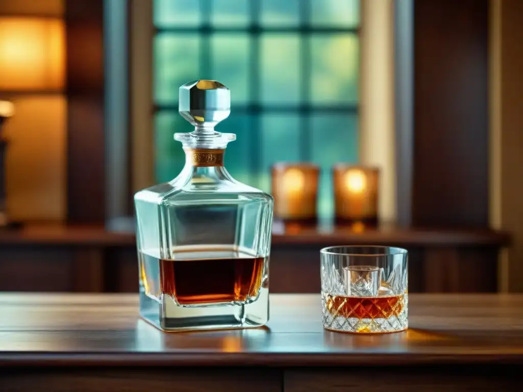 Decantador de cristal vintage con licor ámbar en mesa de madera Decantador de cristal vintage con licor ámbar, copas antiguas y fuego suave