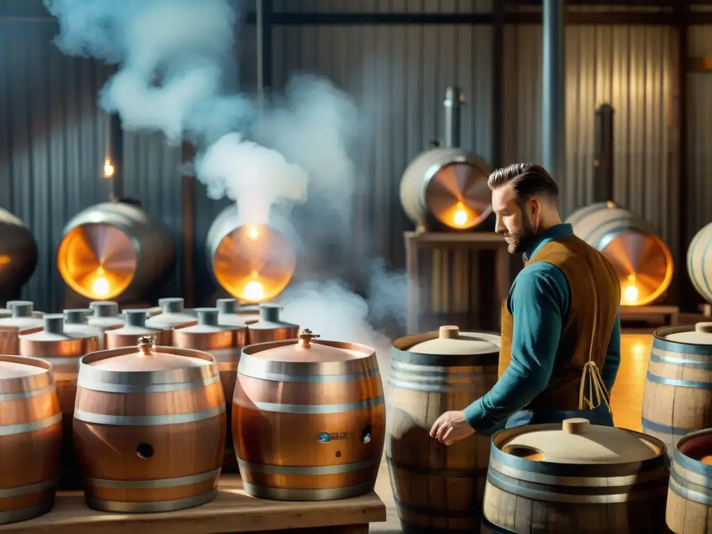 Destilería tradicional: arte sostenible en cobre y hierbas aromáticas Destilación artesanal en alambique de cobre en una bodega rústica, reflejando la producción sostenible de licores exquisitos