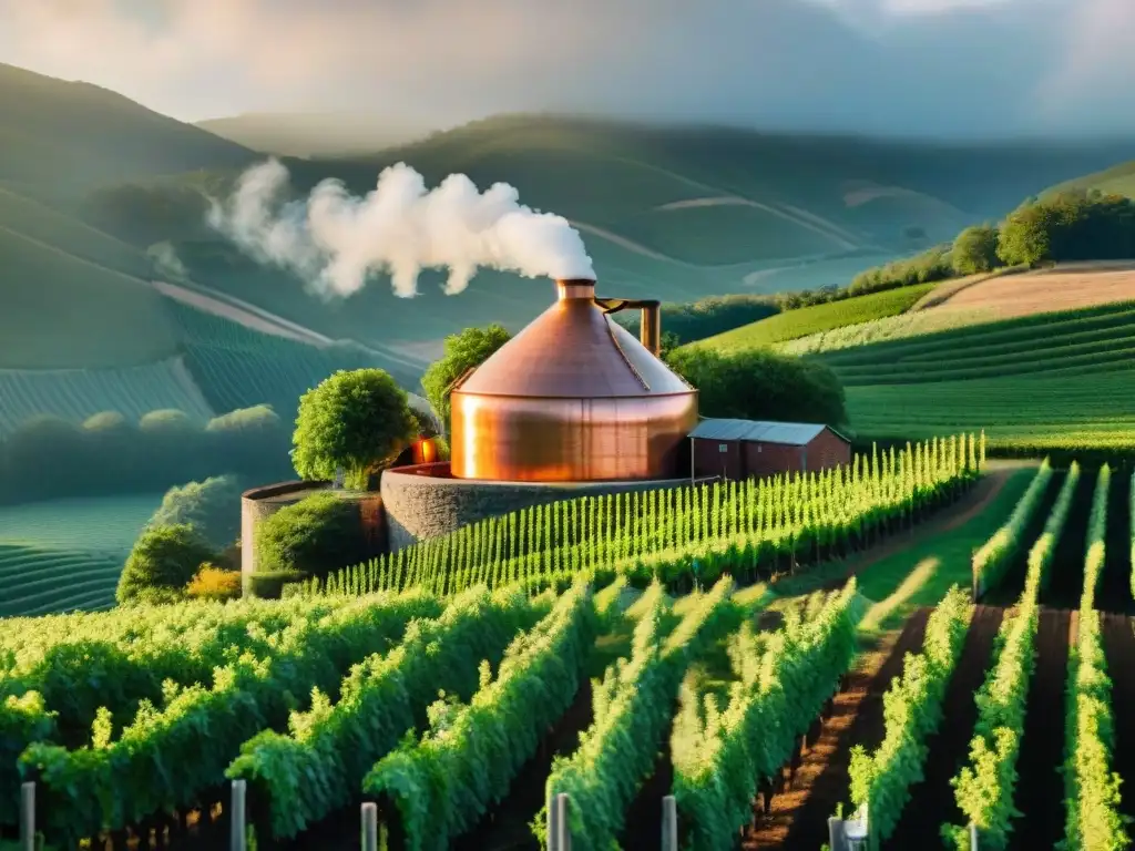 Destilación artesanal en un alambique de cobre rodeado de viñedos verdes y colinas, reflejando la belleza y tradición del proceso