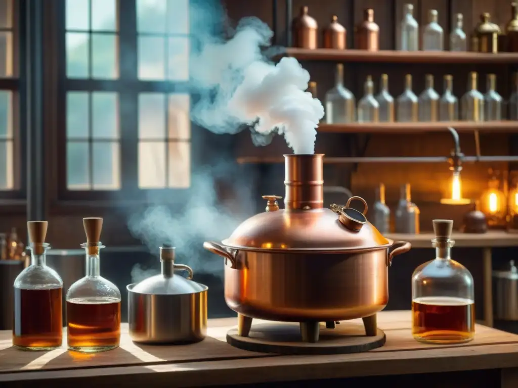Destilación artesanal: alambique de cobre en acción Destilación artesanal de bebidas alcohólicas: Ilustración vintage de alambique en acción, emitiendo vapor en taller rústico