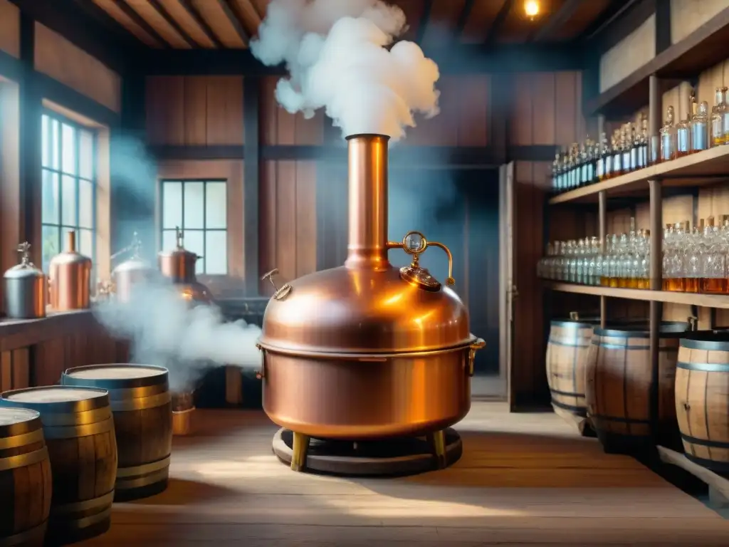 Destilación artesanal en alambique de cobre vintage Destilación artesanal de bebidas alcohólicas: Detallada ilustración vintage de un alambique de cobre en una destilería rústica, con vapor elegante