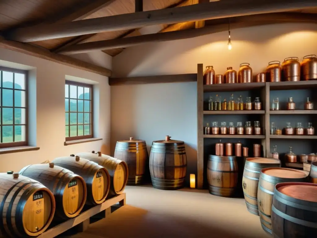 Destilería artesanal: alambique de cobre bajo el sol Destilación artesanal de bebidas alcohólicas en destilería campestre