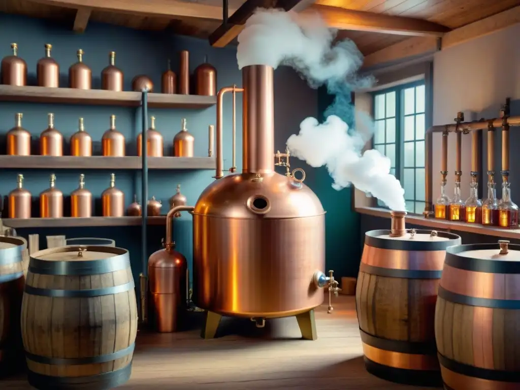 Destilación artesanal de licores en alambique de cobre Destilación artesanal de bebidas alcohólicas con impacto ambiental en destilería tradicional