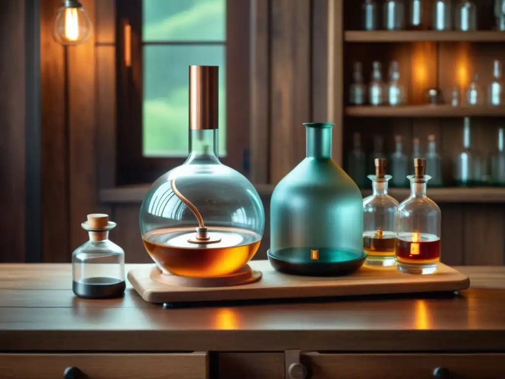 Kit de destilación vintage: arte en cobre y madera Un rincón de destilación artesanal con kits personalizables destilación bebidas alcohólicas, bañado por cálida luz natural